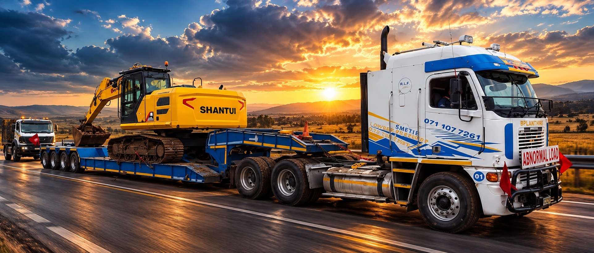 Countrywide truck transporting a yellow SHANTUI excavator at sunset